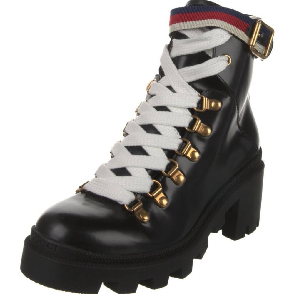 NWT Gucci Women's Black Combat Lace-Up Boots with Gold Accents US 5, 5.5